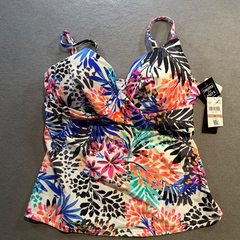 Macy's Tropical Floral Leopard Underwire Push Up Tankini Top H760270 Size 12